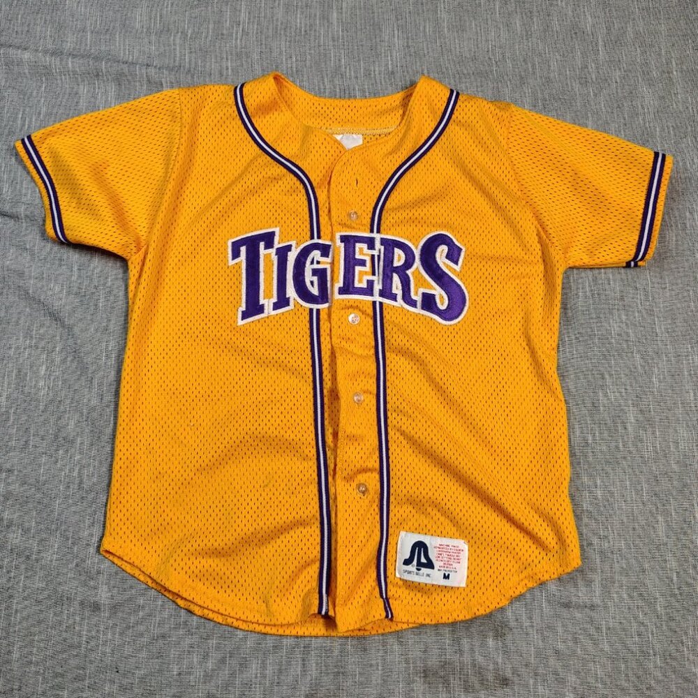 VINTAGE LSU Tigers Sports Belle Jersey Gold Stitched Spell Out Button Down Shirt